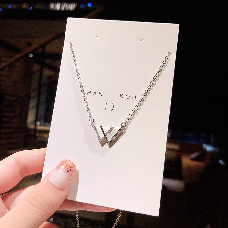 S925 Sterling Silver w letter necklace simple little fresh girlfriends chain sweater chain double V clavicle chain female