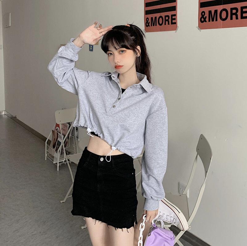 Summer 2020 new Korean versatile loose polo collar long sleeve short drawstring navel sweater