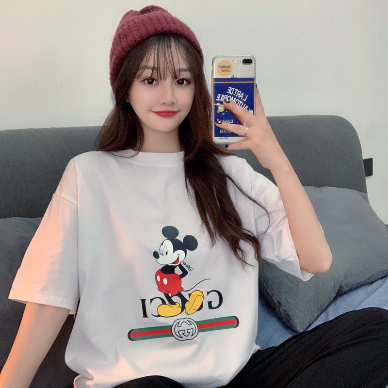 Actual photo: 6535 pull frame cotton short sleeve t-shirt female print medium long Mickey Mouse