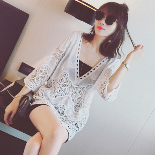 Cut out blouse medium length lace embroidery hook flower V-neck top 3 / 4 sleeve large women's Korean plate width