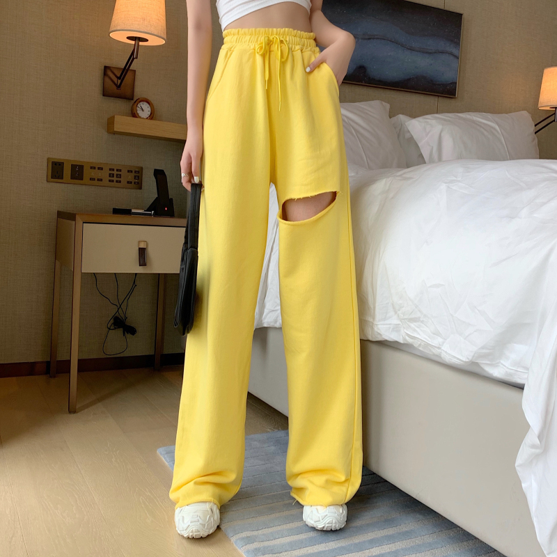 Real shot real price South Korea East Gate in spring and summer eye-catching yellow hair edge wide leg high waist hole leisure pants