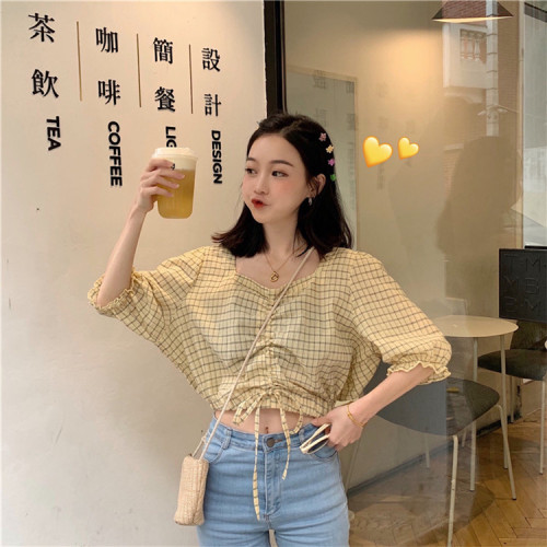 Price not less than 33 yuan real price ~Xiao Qingxin Plaid pull rope square collar Short Sleeve Jacket