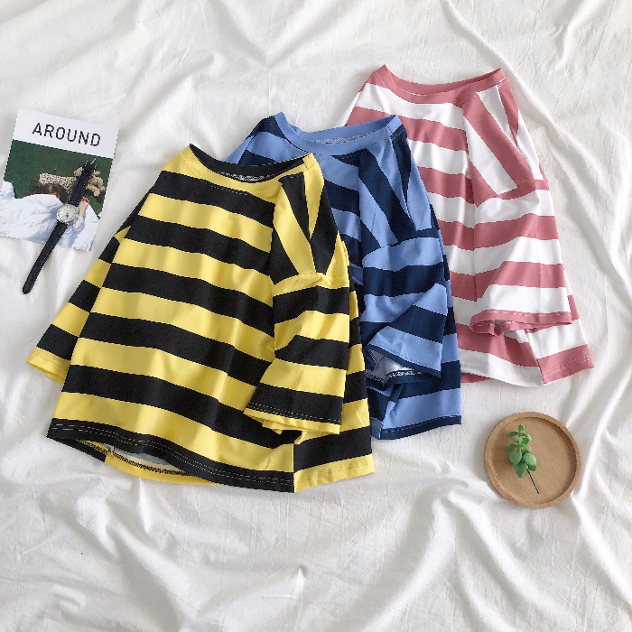 2020 summer Korean wide stripe short round neck short sleeve T-shirt for women's versatile basic top student ins style