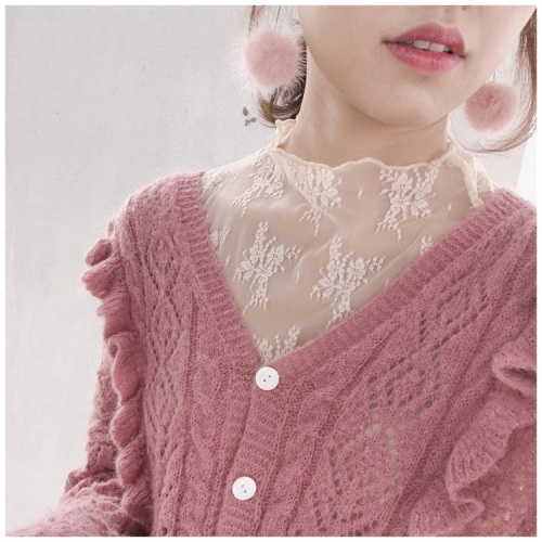 Lace bottoming blouse women's long sleeve sweet high collar in autumn and winter with hollow out super fairy sexy mesh top
