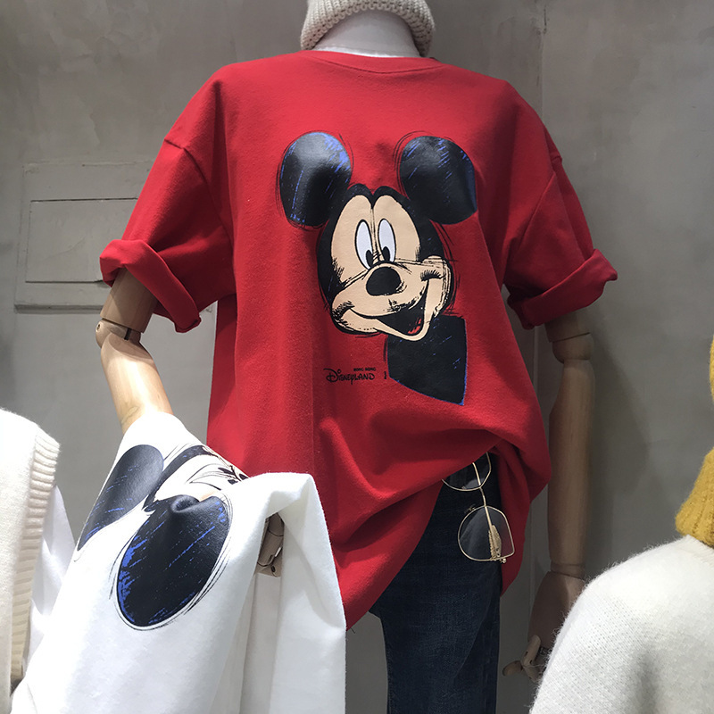 Official photo 6535 pull frame cotton short sleeve t-shirt female print medium long Mickey Mouse