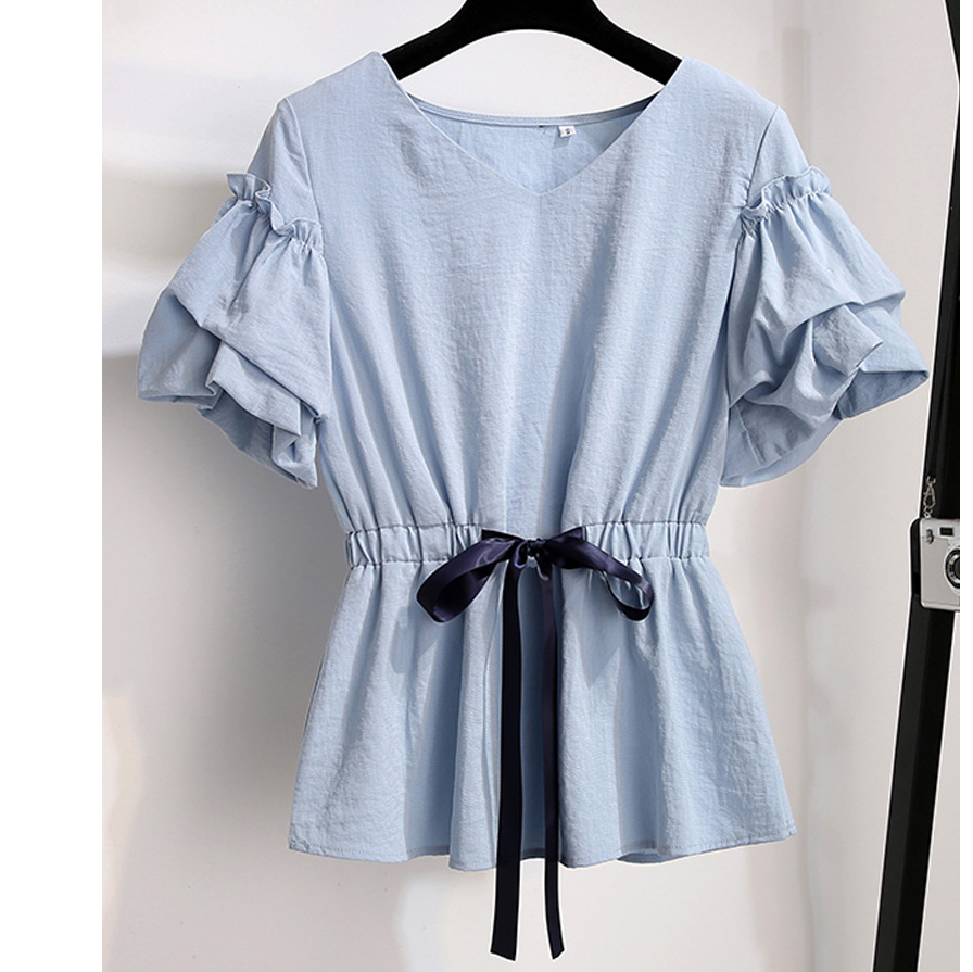 2020 summer new style personalized pile sleeve top casual close waist lace up with INS super hot lady