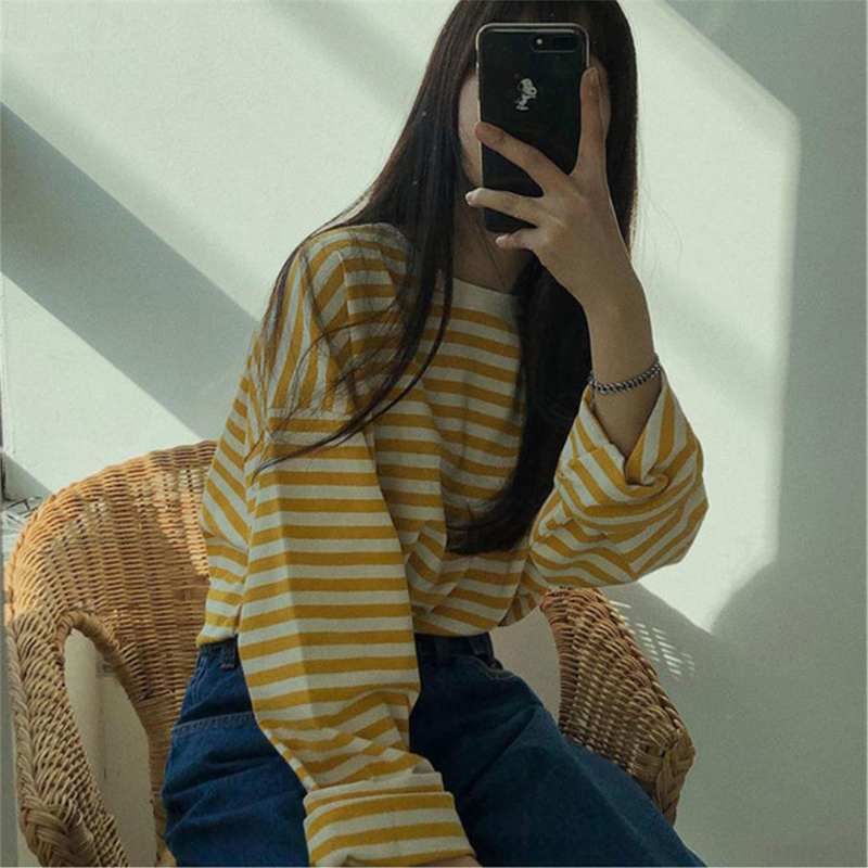 Protected girls' College retro stripe round neck long sleeve loose shirt top in Korea
