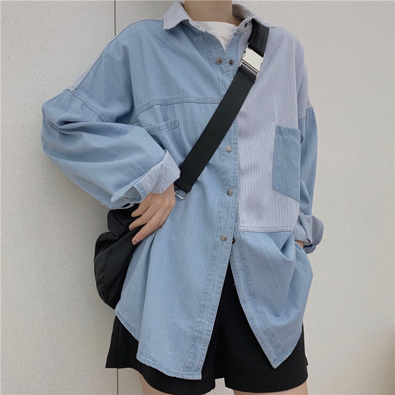 Real-price Korean version of loose leisure and lazy personality jacket stitching collision color jeans shirt blouse woman