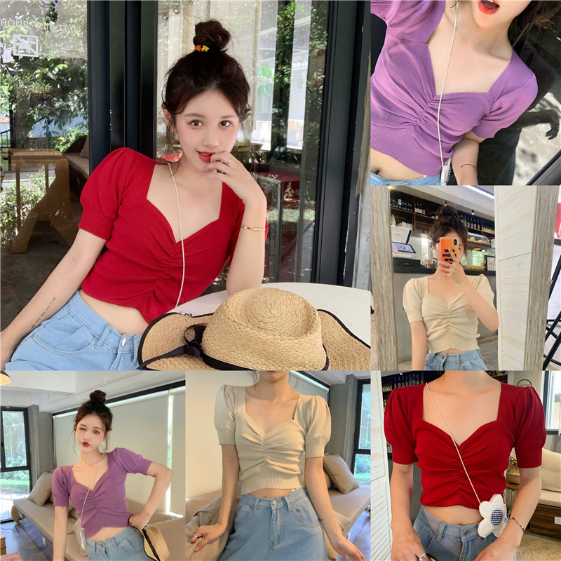 Summer Vintage care machine large V-neck pleated bubble sleeve T-shirt short sleeve T-shirt