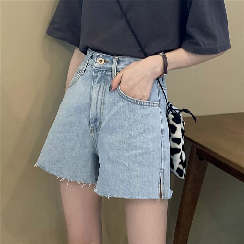 Real price! Korean retro versatile side split denim shorts loose high waisted slim hot pants