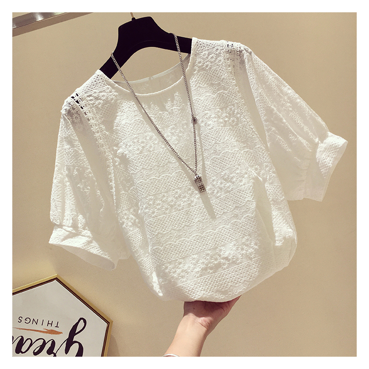 Water soluble embroidery Lantern Sleeve Cotton Top with simple temperament