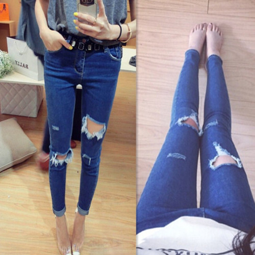 New Korean version of knee-piercing jeans, women's trousers, pencil pants, pants, beggars'pants#