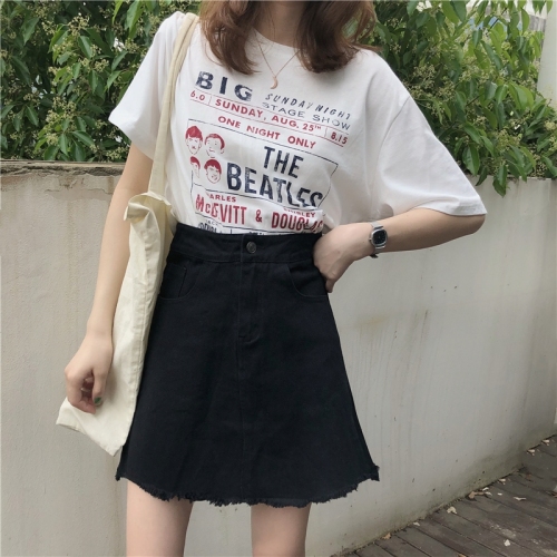 Actual Shot ~Korean Baitao Irregular Cutting and Ribbing to Make Old High-waist Slim Jeans Half-length Skirt