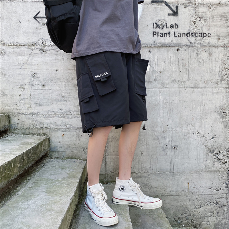 Pants men's summer Multi Pocket functional wind tooling shorts men's black fashion brand hip hop loose casual drawstring pants