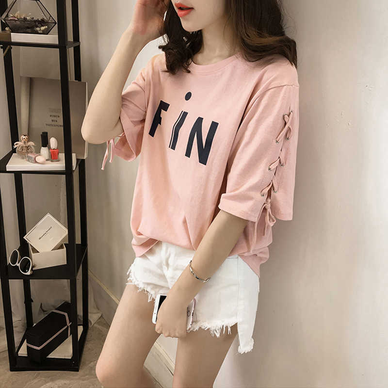 Actual shooting summer fat mm new type bandage top loose large size 200jin T-shirt for women