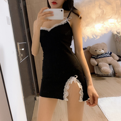 French small retro spring and autumn super fairy sexy lace splicing suspender dress collar bottom skirt woman