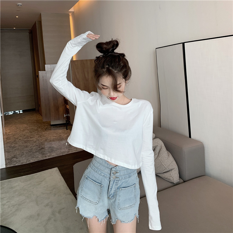 *Solid color versatile short T-shirt long sleeve women's wear in autumn white bottomed shirt loose top 2019 NEW