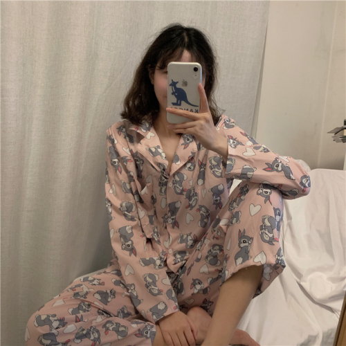 Actual Shot ~Girls'Funny Cartoon Love Rabbit Printed Long Sleeve Nightwear Suit Home Clothing in Spring and Summer