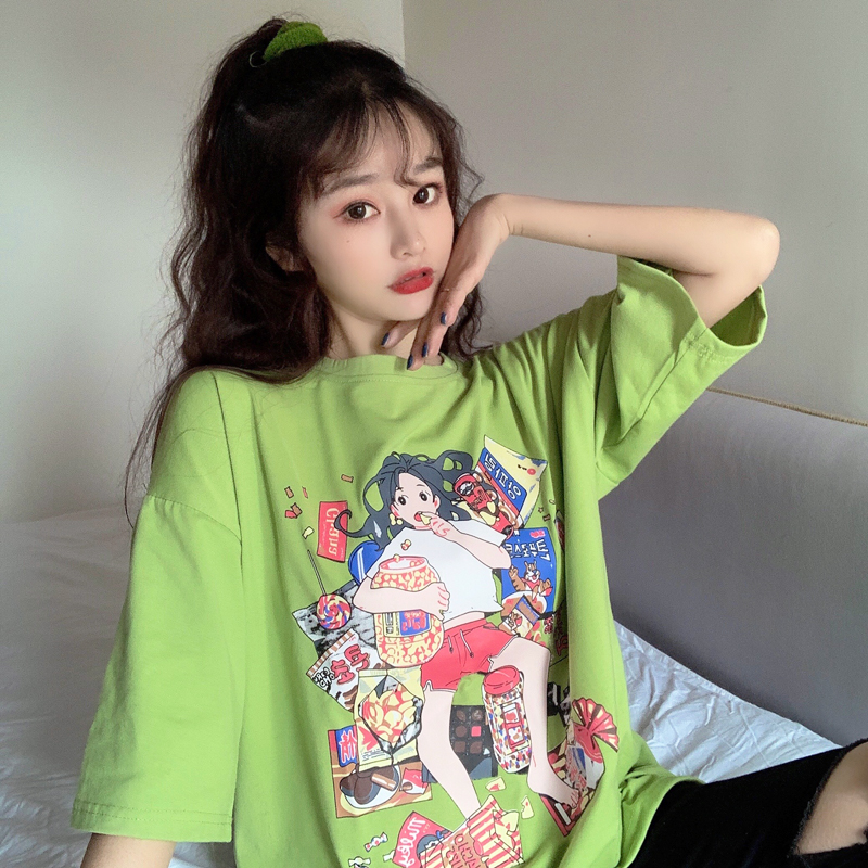 Actual photo: 6535 pull frame cotton short sleeve T-shirt women's long letter cartoon printed half sleeve top