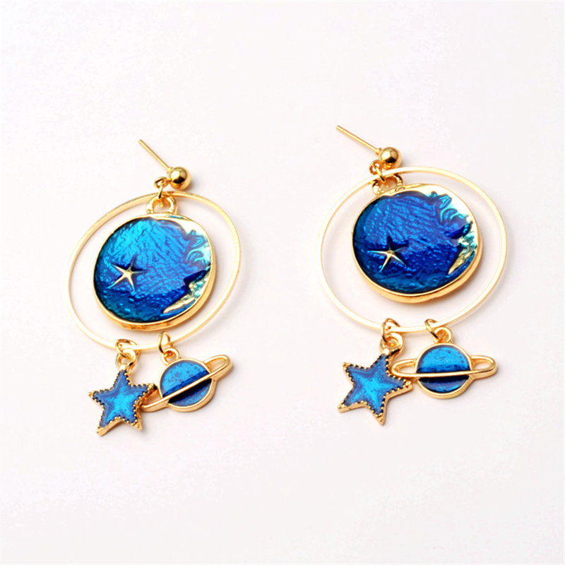 Korean new fashion sweet little fresh blue moon Star Earrings tassel long earrings