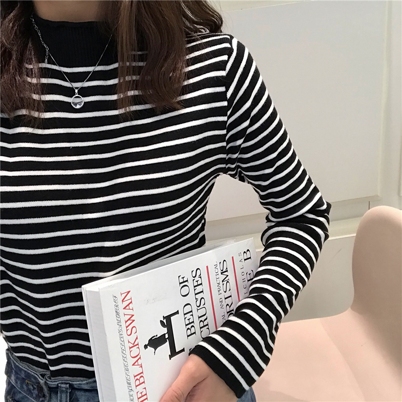 Real Price Chic Hanfeng Half-high-collar and Long-sleeved Classic Stripe Bottom Pullover Knitted Top in Autumn and Winter