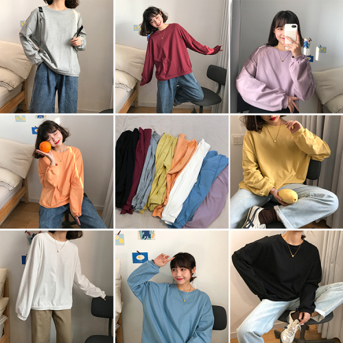 Real photo loose and all-around solid color long sleeve T-shirt