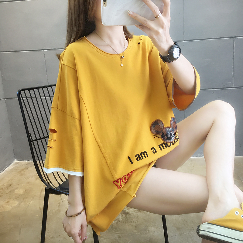 Actual photo 6535 cotton heavy industry embroidery 2020 new short sleeve T-shirt women's large women's fat mm upper garment