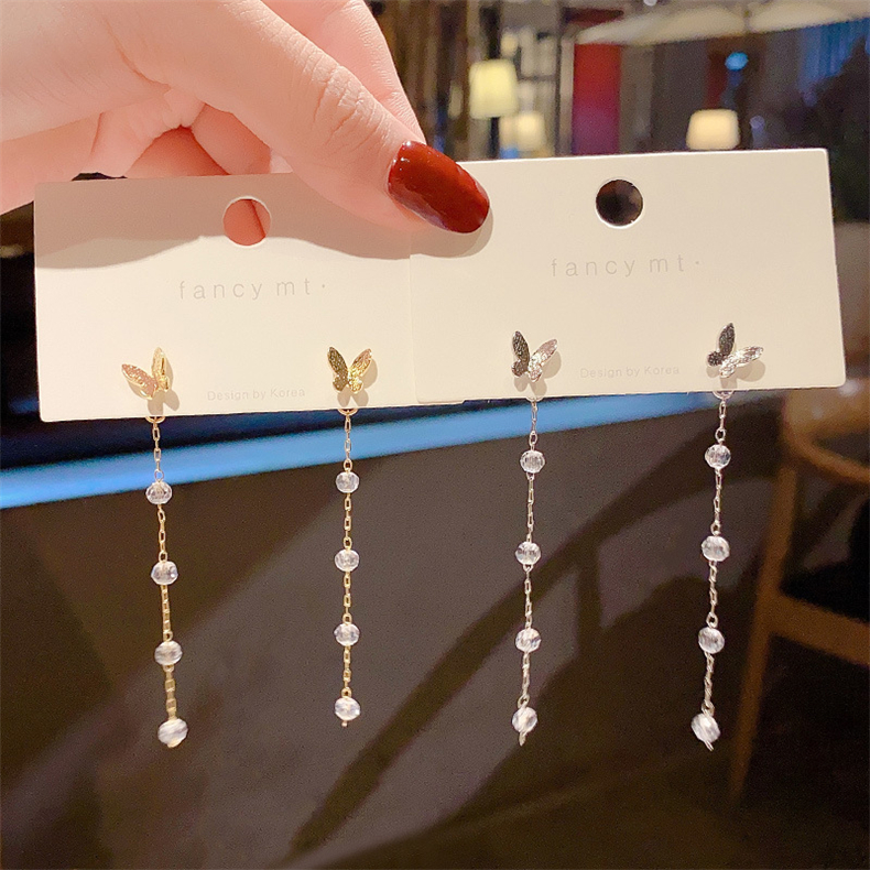 S925 silver needle Korean summer long Tassel Earrings high sense Butterfly Earrings crystal temperament Earrings