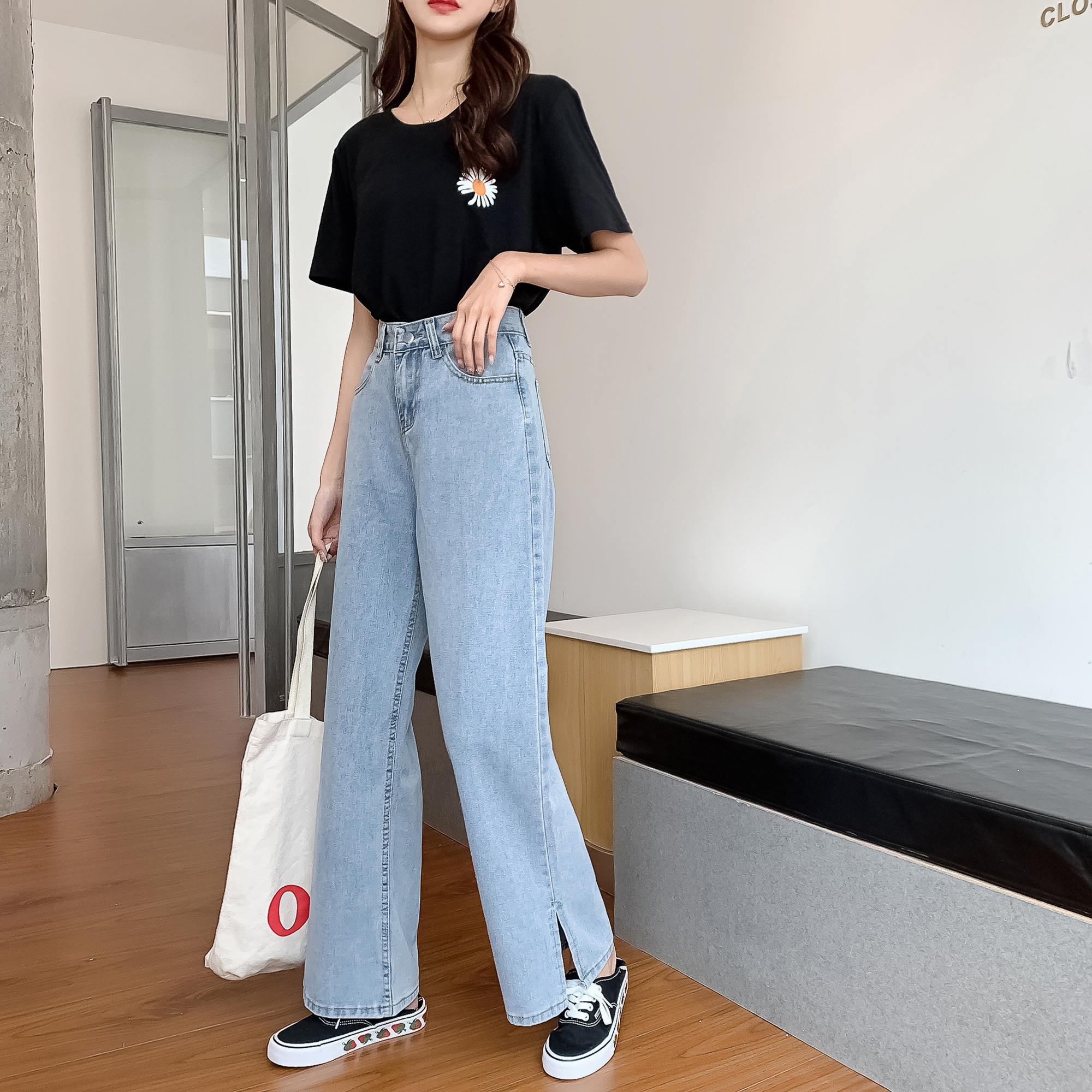 Summer new jeans women's straight tube wide leg slit light color thin high Korean pants