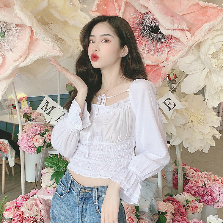 Real-price French Sweet Bubble Sleeve Lace Folded Square Collar Shoulder Top
