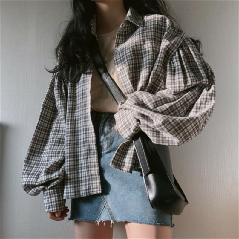 Early Autumn Girls Retro Style Small Chequered Lantern Sleeve Loose Shirt Long Sleeve Institutes Korea