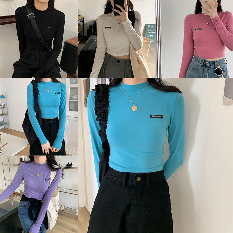 Real shot 2020 Korean version ins multi color slim bottoming shirt autumn winter long sleeve half high collar small label T-shirt for women