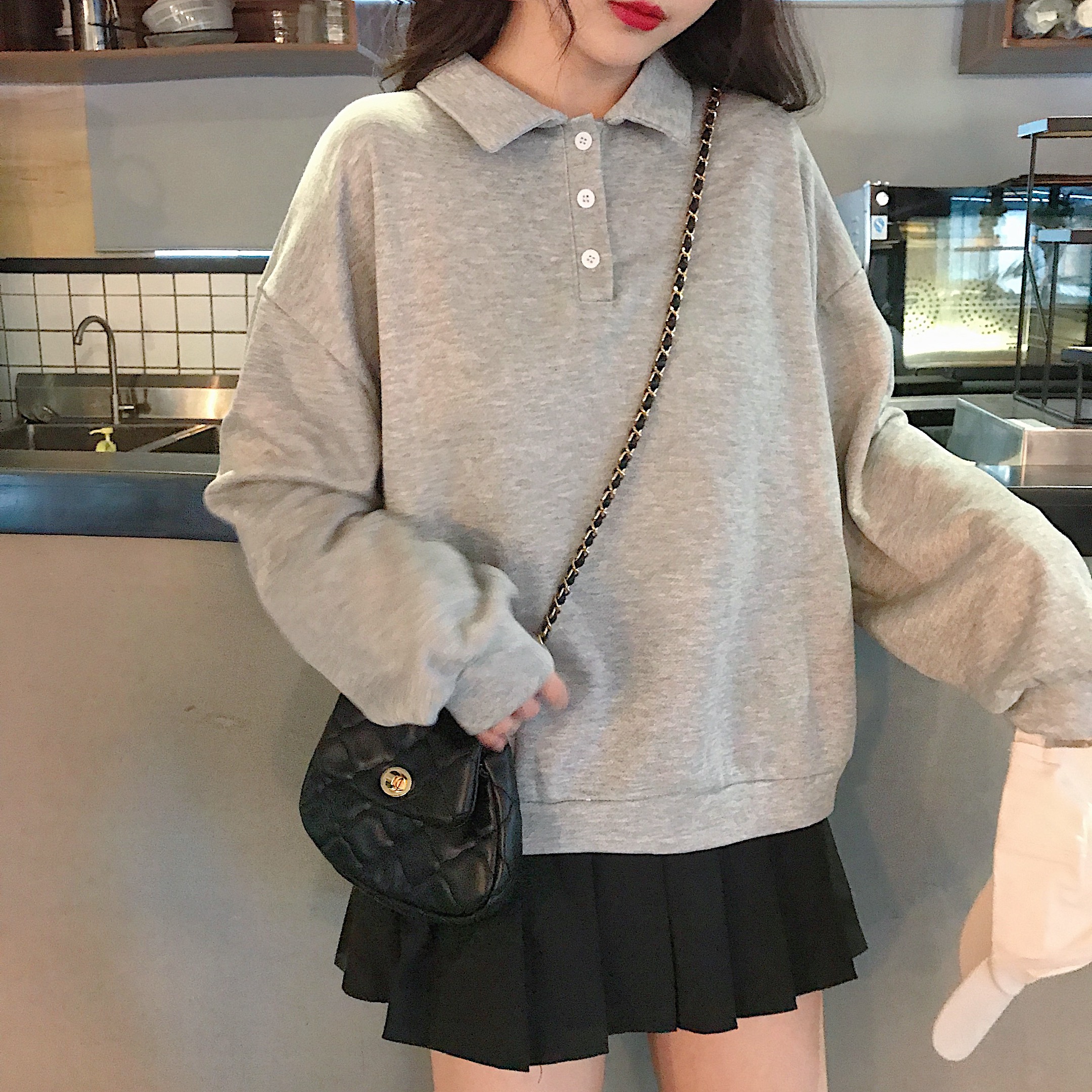 6535 fish scale real shot sweater Lapel men and women spring and autumn new loose BF thin T-shirt