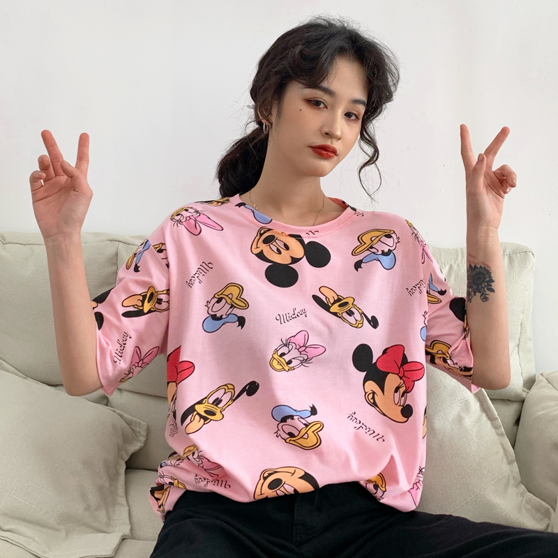 Actual photo: 6535 pull frame cotton short sleeve T-shirt women's middle long print Mickey Mouse cartoon pattern