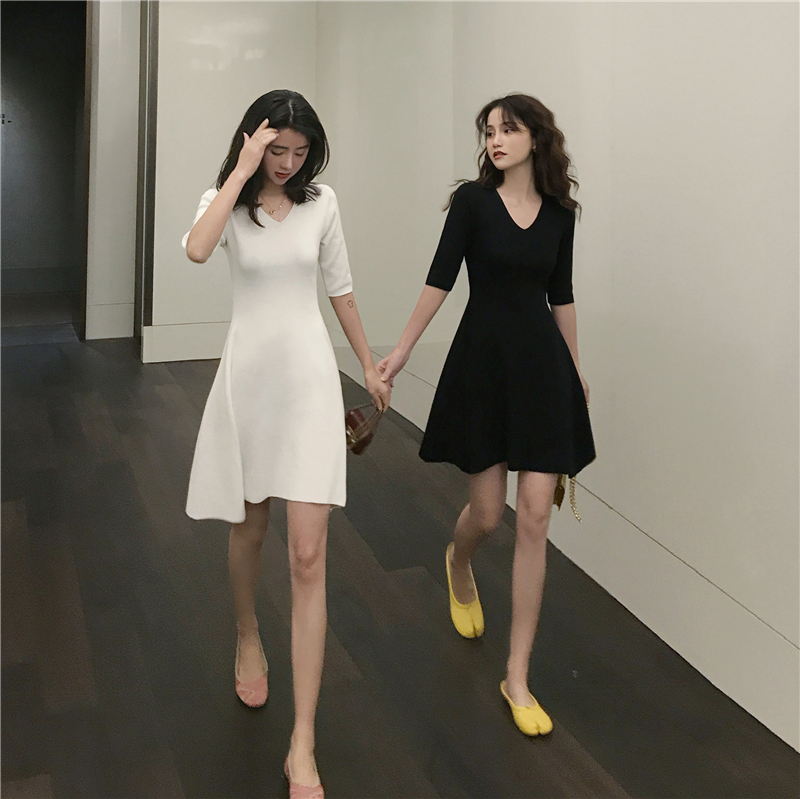 Control Price 39 Real Price Component Korean Chic Sleeve V-collar Pure-color Knitted Dresses