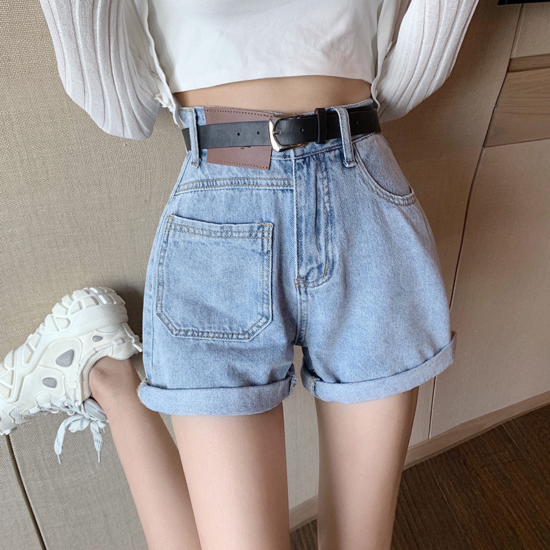 Real price! Korean chic design feeling curled wide leg versatile fashion high waisted jeans hot pants