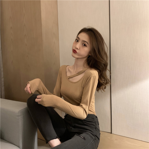 Real photo, real price, Sexy Halter Neck, round neck, slim long sleeve, collarbone, heart-made bottoming shirt