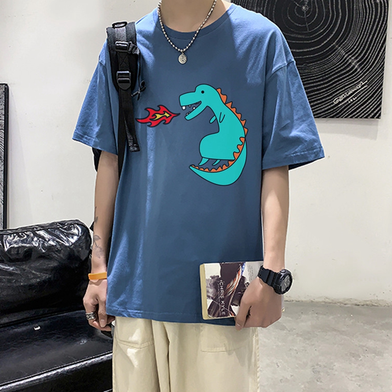 Summer fire breathing dinosaur printing short sleeve t-shirt men's trend Korean loose half sleeve top fashion brand students' five sleeve