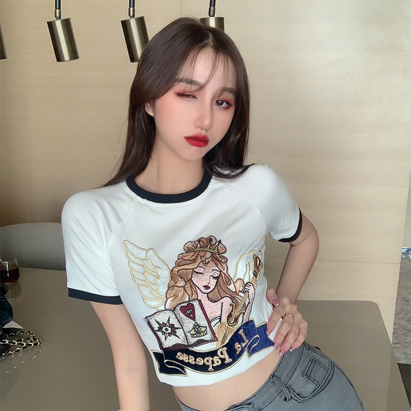 Slim fit short sleeve T-shirt women's summer ins fashion super fire real shooting 6535 cotton