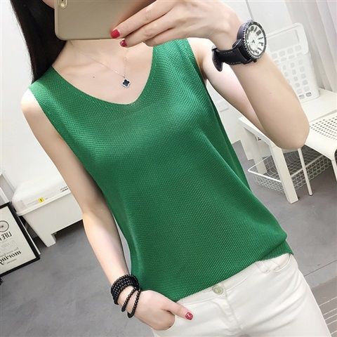 Outside knitted vest spring and summer loose suspension band pure color thin bottom Shirt Large sleeveless blouse trend