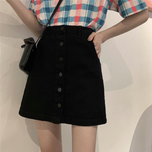 Real price! Retro single-row buckled high waist slim denim half-length skirt skirt