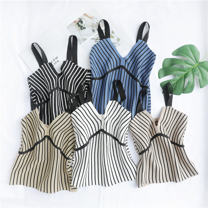 Real photo of new Korean version versatile fit stripe collar knitted small suspender vest bottoming shirt
