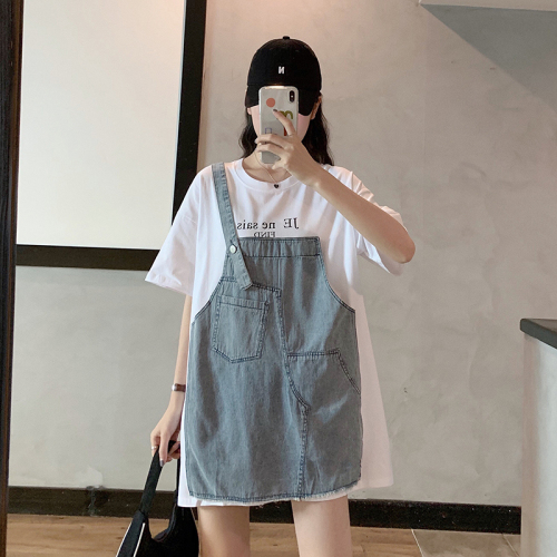 Real photo, real price, design sense, middle and long fake two piece denim splicing T-shirt skirt, thin and loose short sleeve top