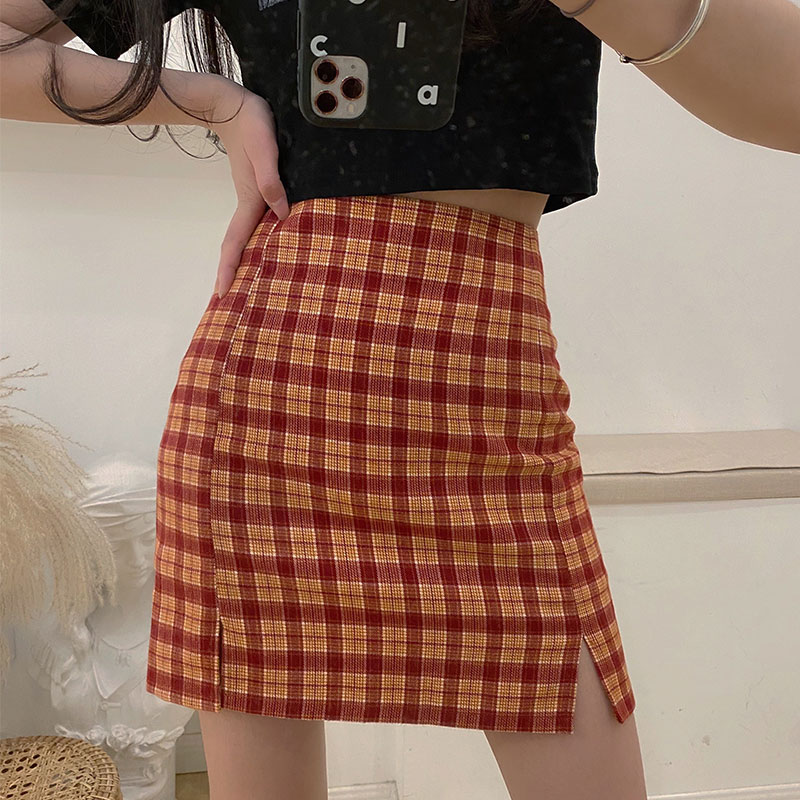 Spring and summer BM style new European and American Retro Red Plaid Skirt with split wrap hip skirt