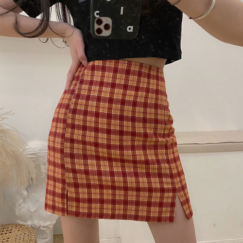 Spring and summer BM style new European and American Retro Red Plaid Skirt with split wrap hip skirt