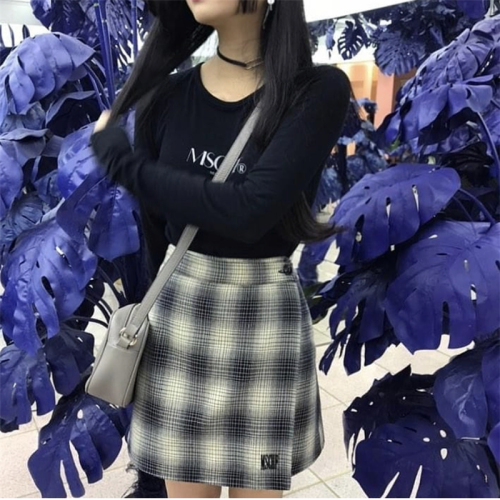 Protected Korean retro embroidery letter Plaid short skirt word skirt autumn and winter