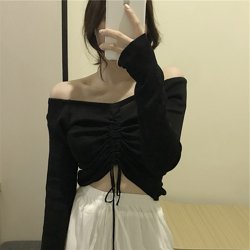 Milk silk Hong Kong style retro one line collar off shoulder top with careful machine drawstring lace up long sleeve