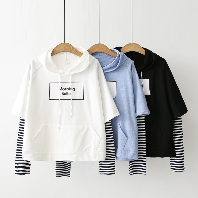 25 cotton 75 polyester fake two piece striped hooded Pullover women's sweater loose letter print