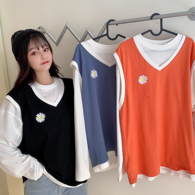Real shot fish scale cloth 7525 cotton fake two pieces of sweater women's thin embroidery Daisy top medium length