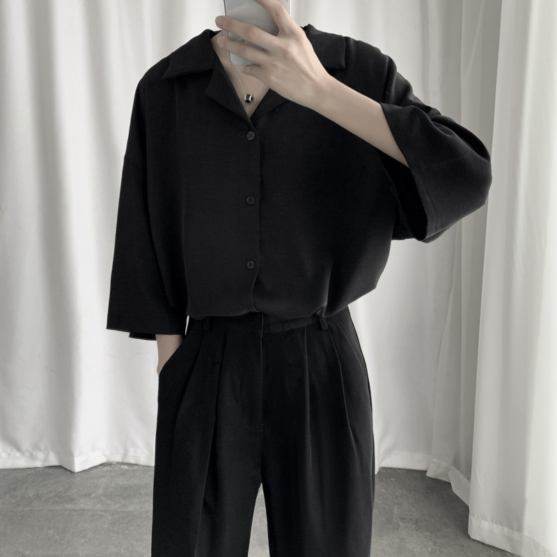 Dark asceticism Department 7-sleeve black shirt men and women thin summer casual and versatile half sleeve shirt loose trend